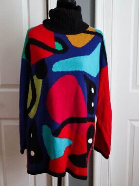 Vtg '90s August Silk Knits Catharine Lover Colorful Graphic Tunic Sweater Sz M